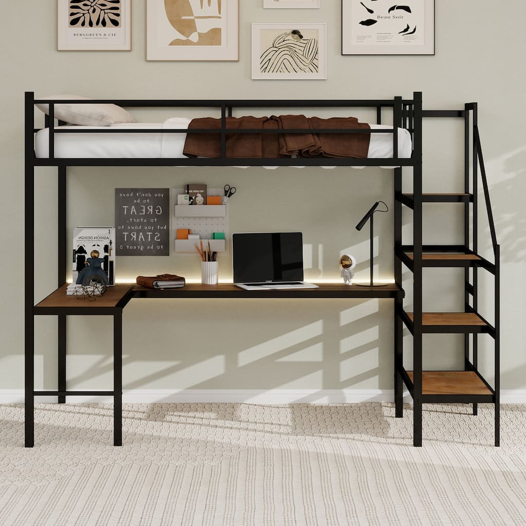 GDFStudio - Iron Loft Bed with L-Shaped Desk & Storage Stairs
