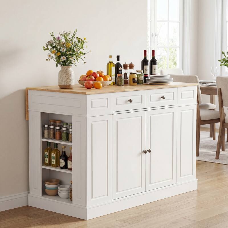 Gymax Large Kitchen Island Drop Leaf Breakfast Bar w/ Wood Top Shelves