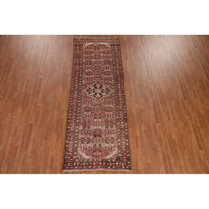 Hand Knotted Oriental 100% Wool Carpet Traditional Medallion Pink Hamedan Runner Rug - 9' 11'' X 3' 6''