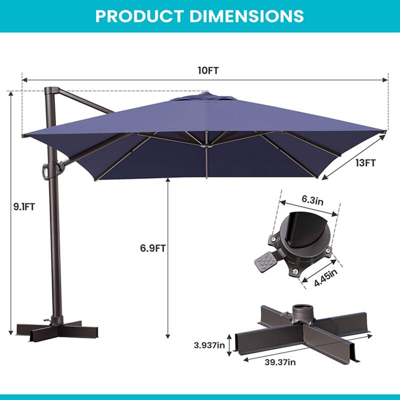 10 X 13FT Outdoor Patio Cantilever Umbrella with Rod Base