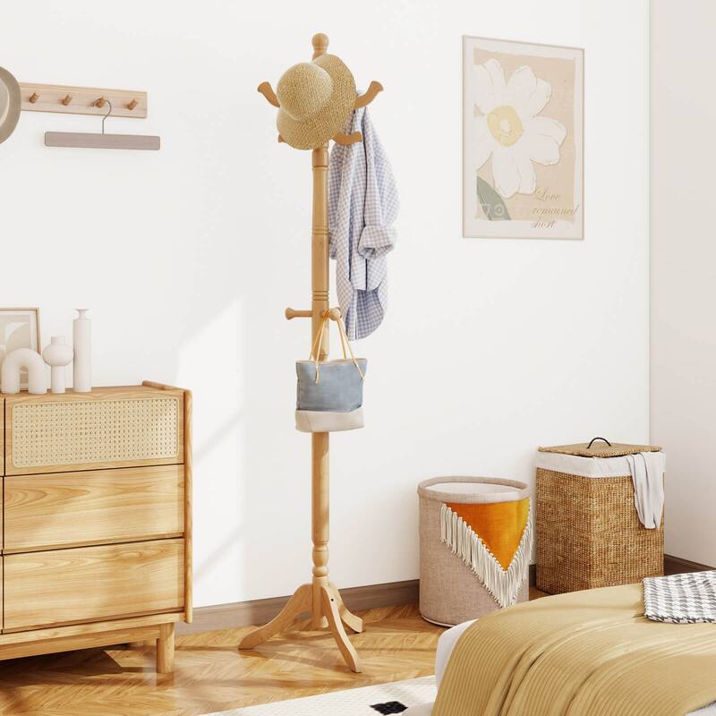 Costway Solid Rubber Wood Coat Rack with 3 Adjustable Heights and 11 - See Details