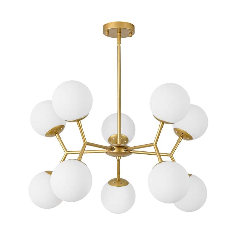 Mid-Century 10-Light Milky Glass Globe Round Branched Chandelier