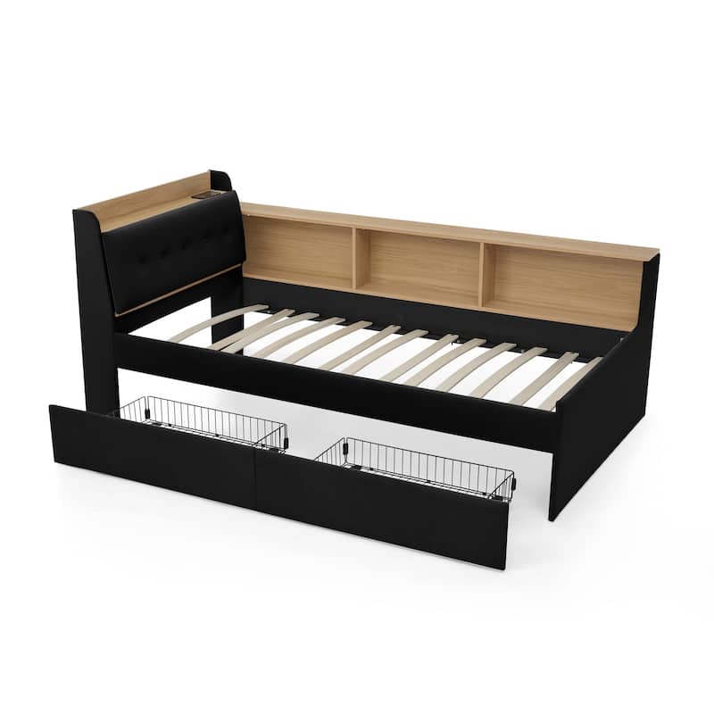 Multi-functional Velvet Daybed with Storage, LED Lights, and Wireless Charging, Twin Size