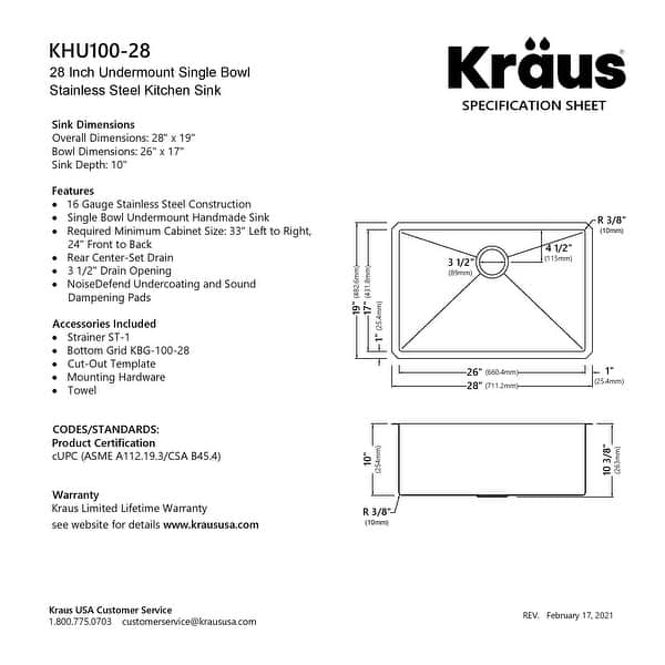 dimension image slide 1 of 7, KRAUS Standart PRO Undermount Single Bowl Stainless Steel Kitchen Sink