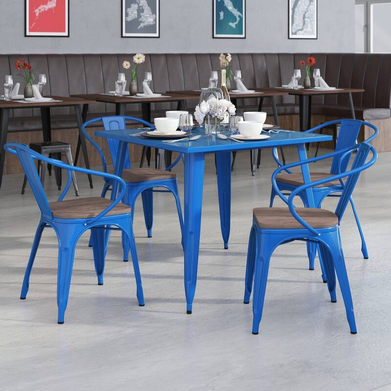 4 Pk. Metal Chair with Wood Seat and Arms - Blue