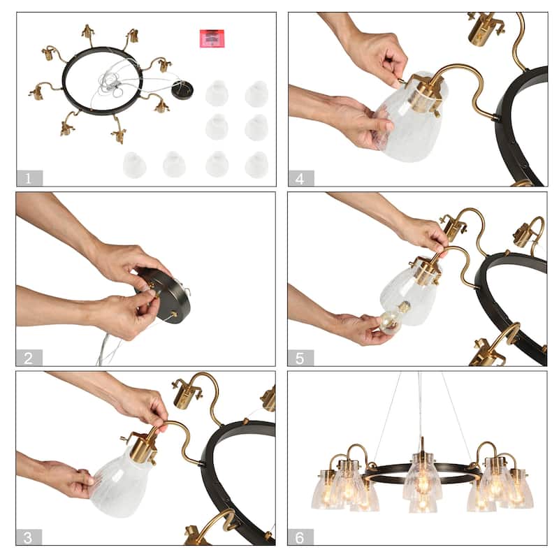 Modern 8-Light Wheel Chandelier Gold Art Glass Lights for Dining Living Room - D34.5" x H8.5"