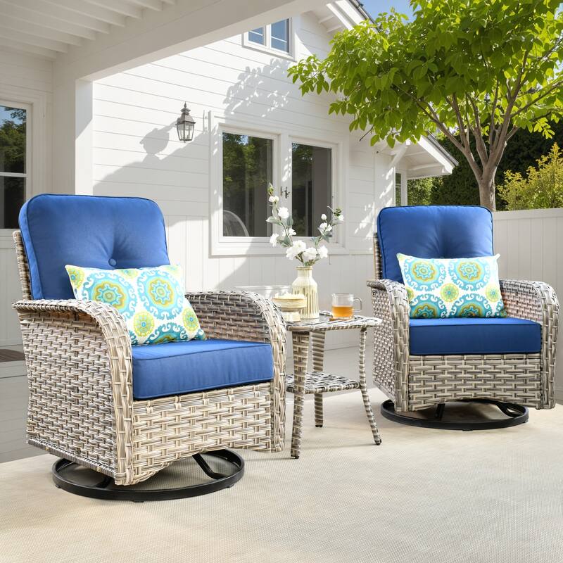 HOOOWOOO 3-piece Outdoor Patio Wicker Rattan High Back Swivel Chair Set - Navy Blue