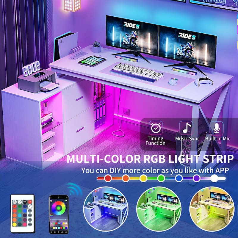 55 Inch L-shaped Gaming Desk with Power Outlets and LED Lights Computer Corner Desk with File Cabinet Monitor Stand