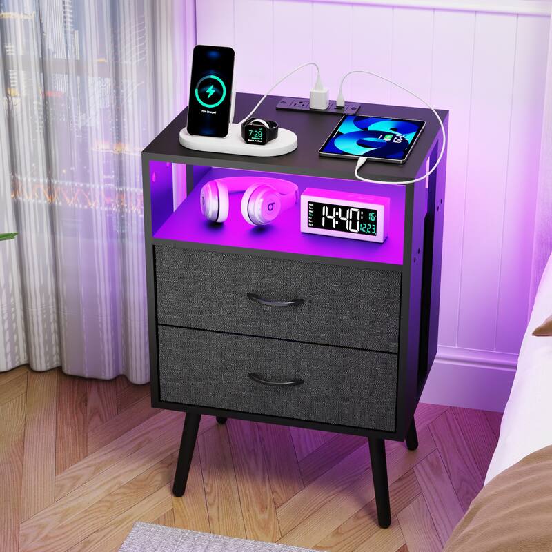 2 Pack Modern Nightstand with Charging Station, Bedside Tables with LED Light and Fabric Drawers