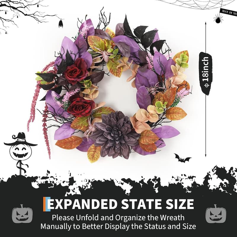18 Inch Halloween Autumn Wreath with Artificial Flowers - N/A