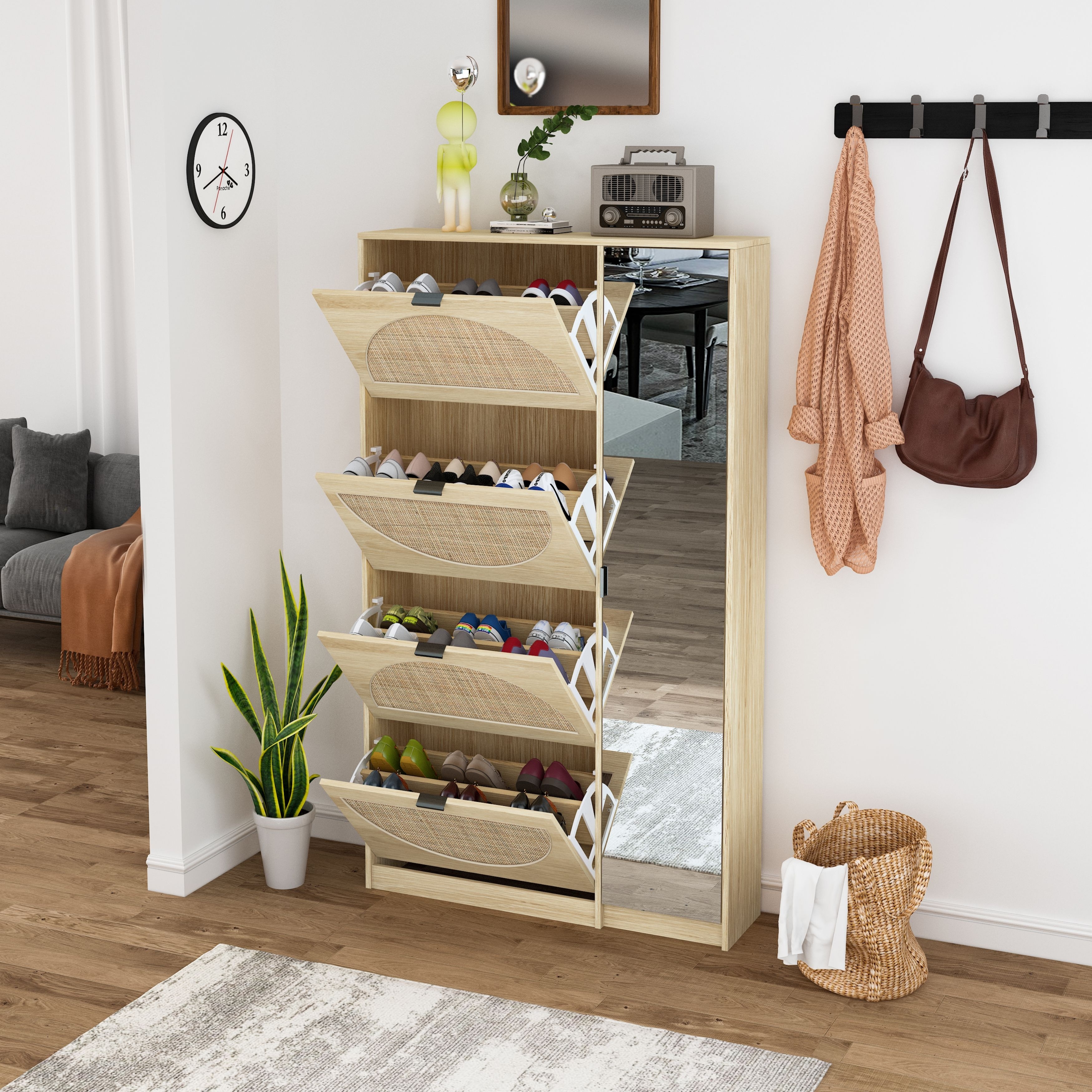 Natural 24 Pair Free Standing Shoe Storage Cabinet with 4-Tier