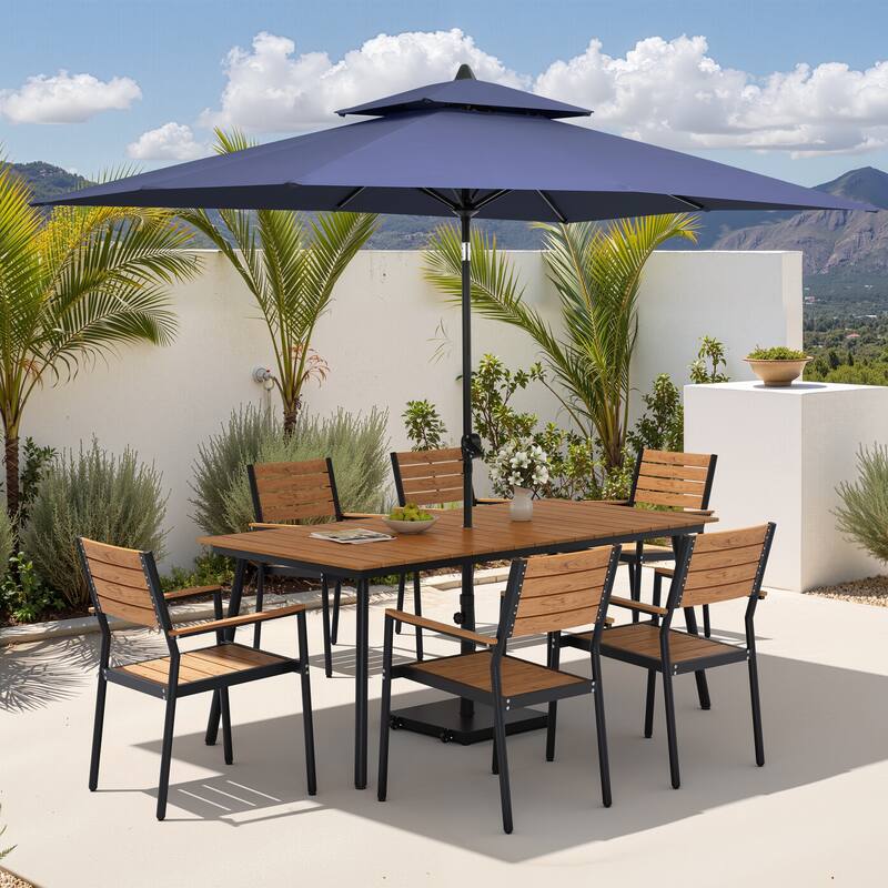 9PC Outdoor Patio Dining Set Aluminum Table with Stackable Armchairs w/ Premium Market Umbrella Sets - BrownTable&BrownChairs&NavyBlueUmbrella