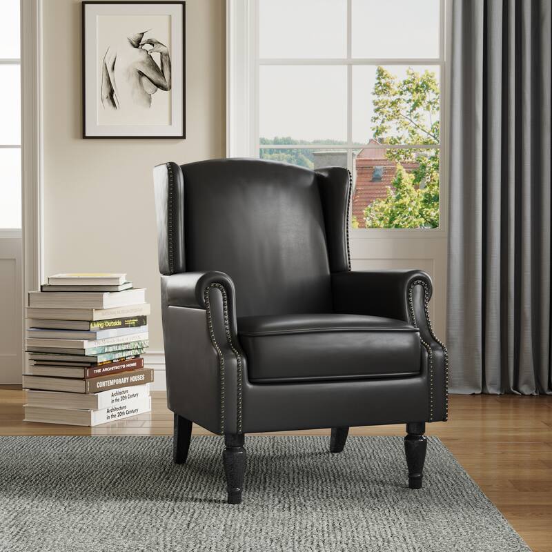 Wingback Accent Chair Nailhead Trim Living Room Reading Chair - Black Leather
