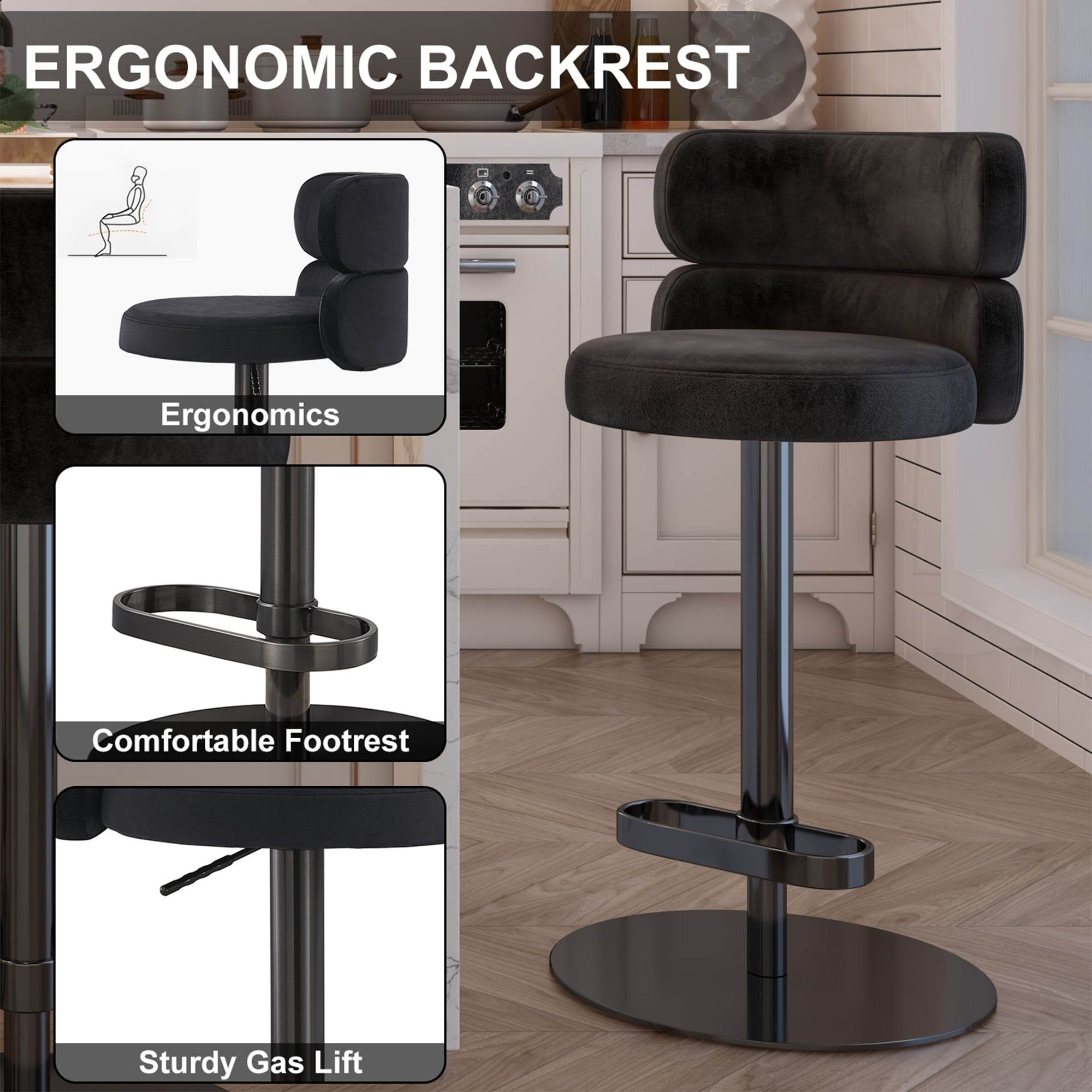 Modern Velvet Bar stool with Height Adjustable and Swivel