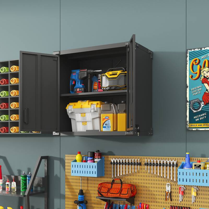 Dark Grey Alloy Steel Wall Cabinet Storage with Locking Door and Adjustable Shelf for Garage - 31.50”L x 11.81”W x 30.31”H