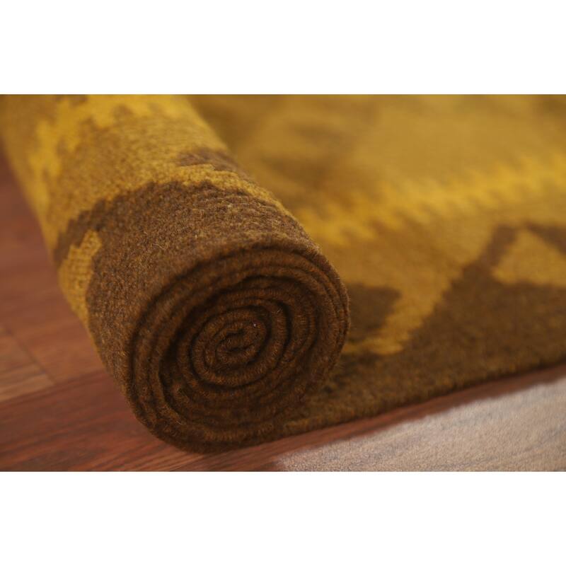 Hand Woven Oriental 100% Wool Carpet Southwestern Geometric Yellow & Gold Kilim Area Rug - 9' 8'' X 6' 6''