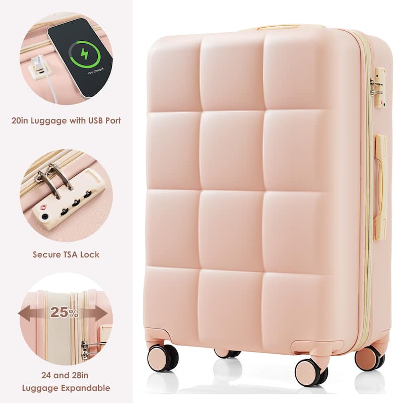 4 Piece Expandable Luggage Sets, ABS Durable Suitcase with Travel Bag and Cup Holder, Hard Shell Spinner Wheels Luggage