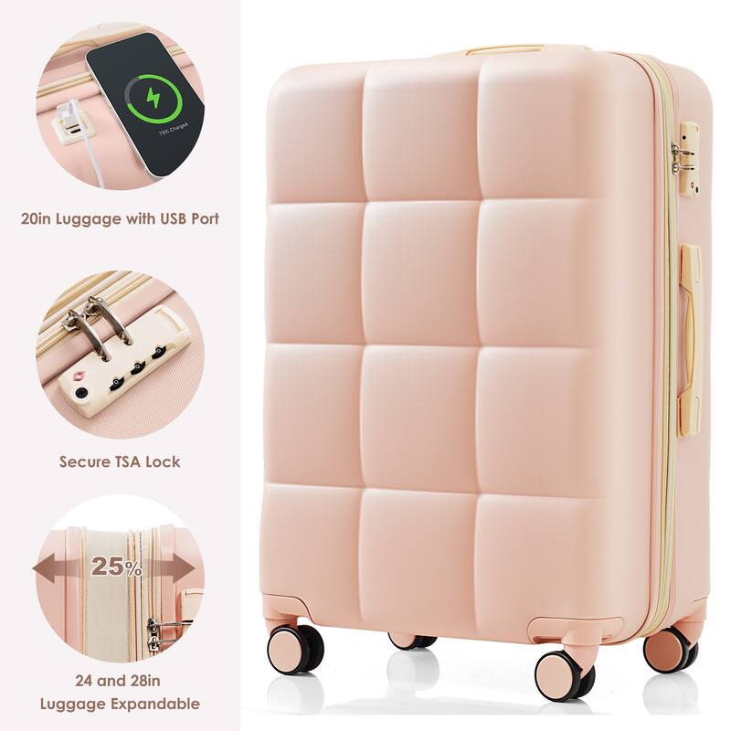 ABS 3-Piece Luggage Set with USB Port, Airline Certified 20" Carry-on, Expandable 24" & 28", Spinner Wheels, Cup Holder