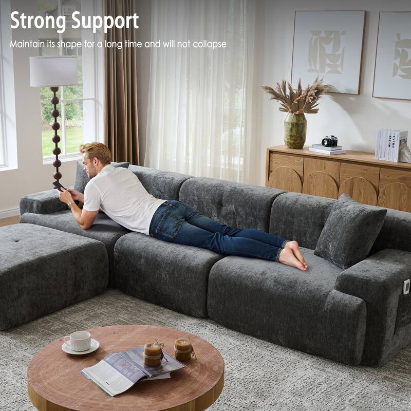 118 inch Oversized 3 Seater L-Shaped Chenille Boneless Modular Sectional Sofa Couch with Movable Ottoman