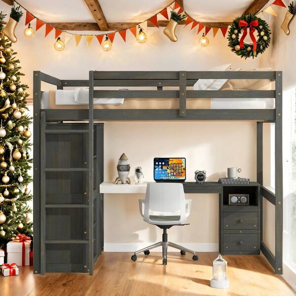 slide 2 of 15, Wood Full Size Loft Bed with Storage and Safety Guaranteed,Kids Bed Design