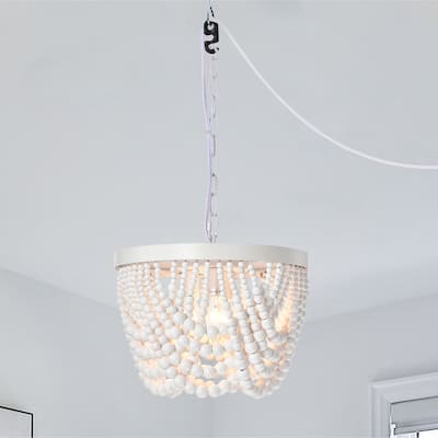 Boho Plug in Wood Beaded Chandelier 3-Light Wood Bead Light