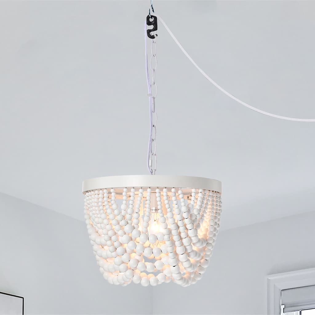 Boho Plug in Wood Beaded Chandelier 3-Light Wood Bead Light