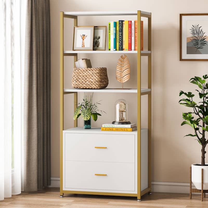 4-Tier Rustic Bookcases with 2 Drawers, Etagere Standard Book Shelves Display Shelf for Home Office