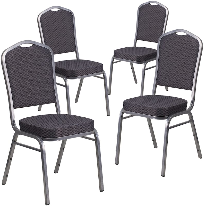 4 Pack Crown Back Stacking Banquet Chair - 20.25"D x 17.25"W x 38"H - Black Patterned Fabric/Silver Vein Frame
