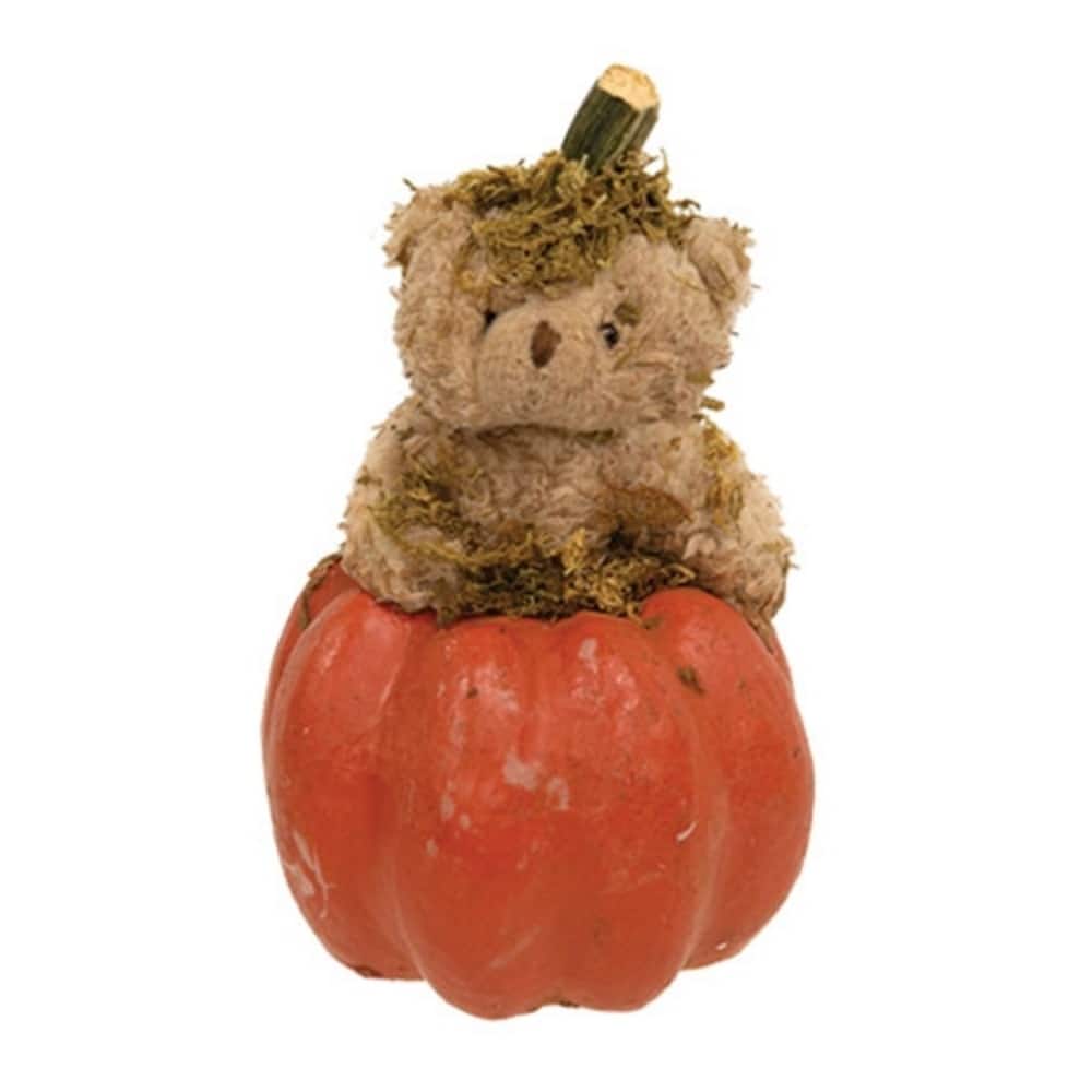 Mossy Teddy Bear in Papier Mache Pumpkin Rustic Primitive Fall Decor Fuzzy Autumn Accent - 6.5” high by 4” in diameter