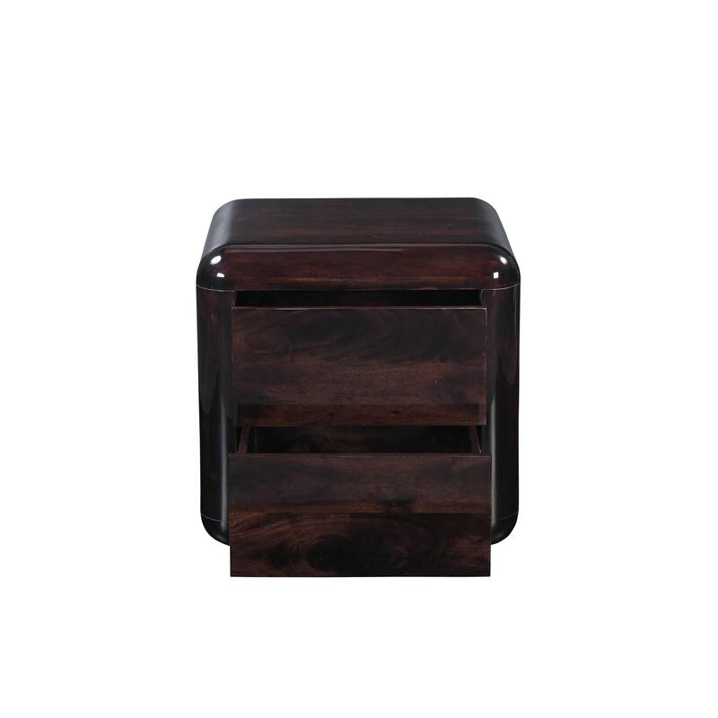 NADAAL STUDIOS Elaria Nightstand, Boxy High Gloss Acacia Body with Rounded Corners Push-to-Open Drawers, Dark Brown