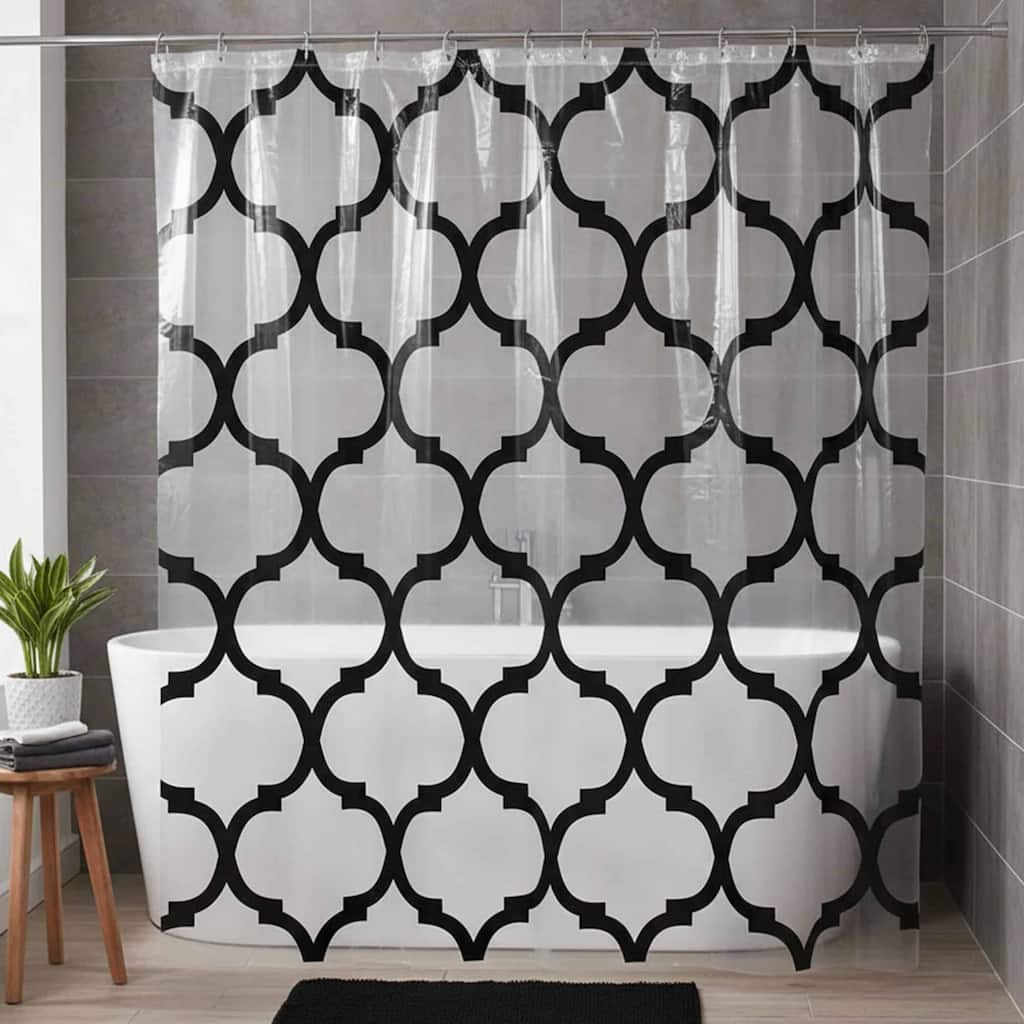 Transparent PEVA Shower Curtain - Black Arabesque Design - 71"x71"