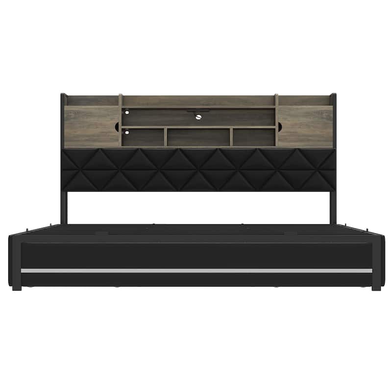 Queen/King Upholstered Bed Frame with RGB LED Lights & Storage Bookcase Headboard