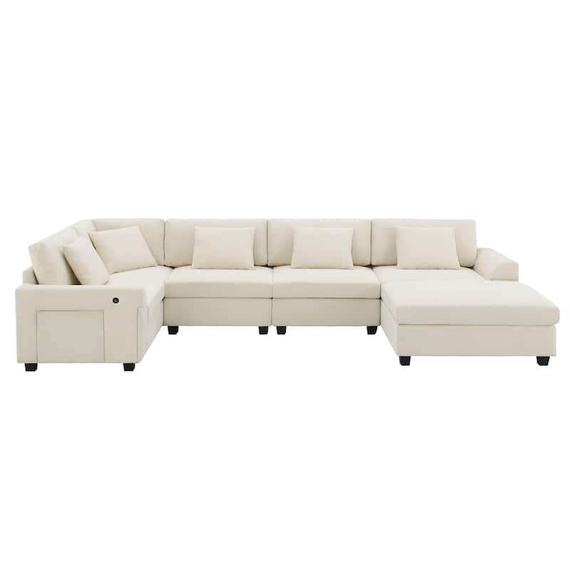 Chenille Sectional Sofa with Hidden Armrest Storage, Cup Holders, USB Charging Ports and Oversized Ottoman Chaise Lounge