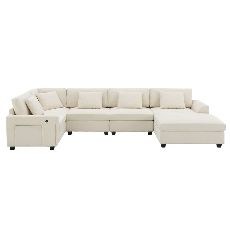 U Shaped Sectional Sofa with Ottoman, Chenille 6 Seater Sofa with Hidden Armrest Storage, Cup Holders & USB Charging Ports