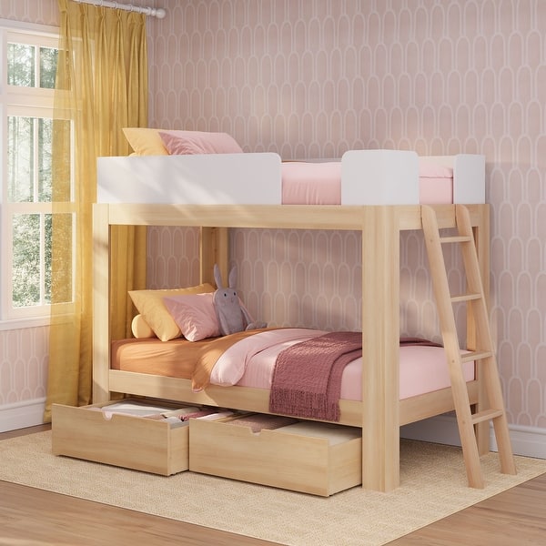 slide 2 of 21, Mid-Century Modern Twin over Twin Bunk Bed with Storage Drawers Blonde/White