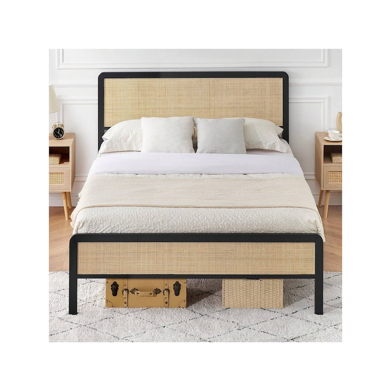 Boho Platform Bed Frame with Rattan Headboard, Heavy-Duty Metal Slat Support