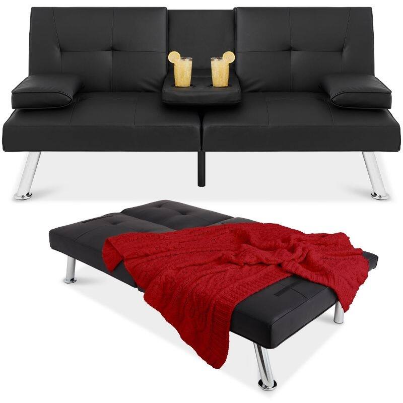 Faux Leather Cup Holders Convertible Sofa Bed Futon Sleeper