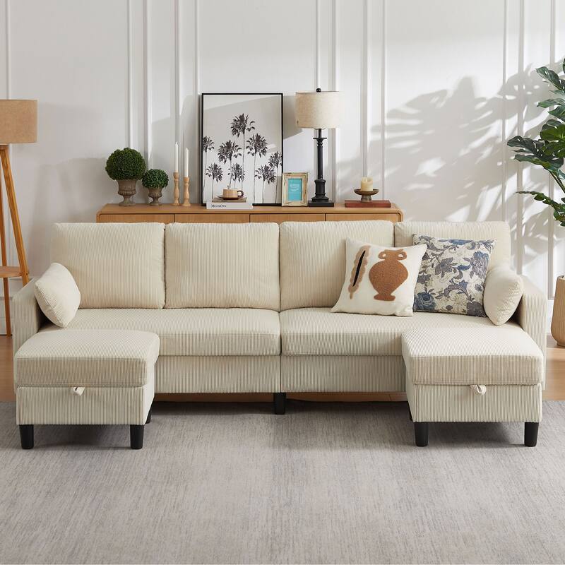 101" Corduroy U Shaped Sectional Sofa with Storage Ottoman - Beige - U Shaped
