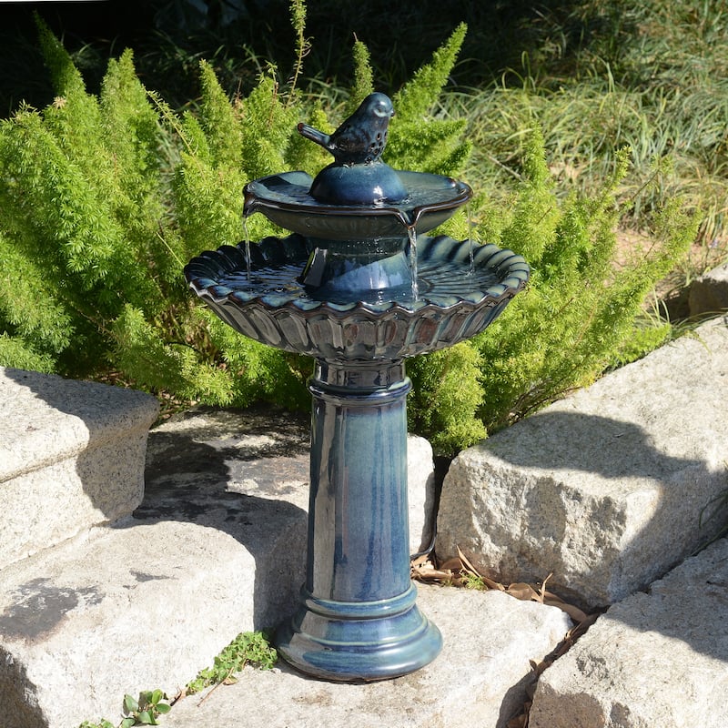 2-Tier Ceramic Outdoor Garden Fountain - 26.5" - Blue
