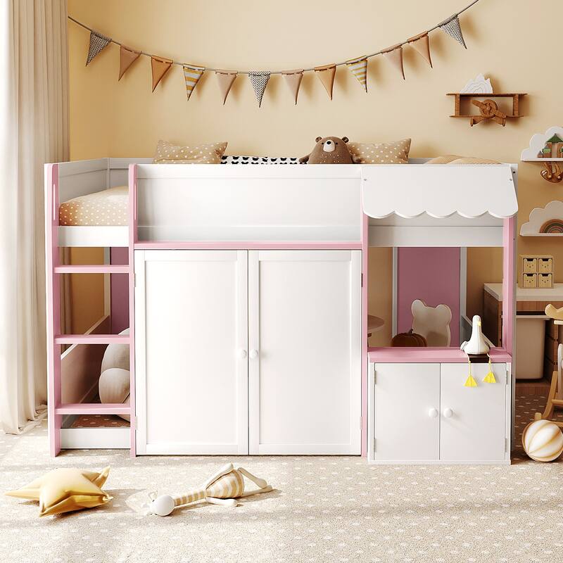 Full Loft House Bed with Playhouse & Storage, Modern Wood Cabin Bed for Kids