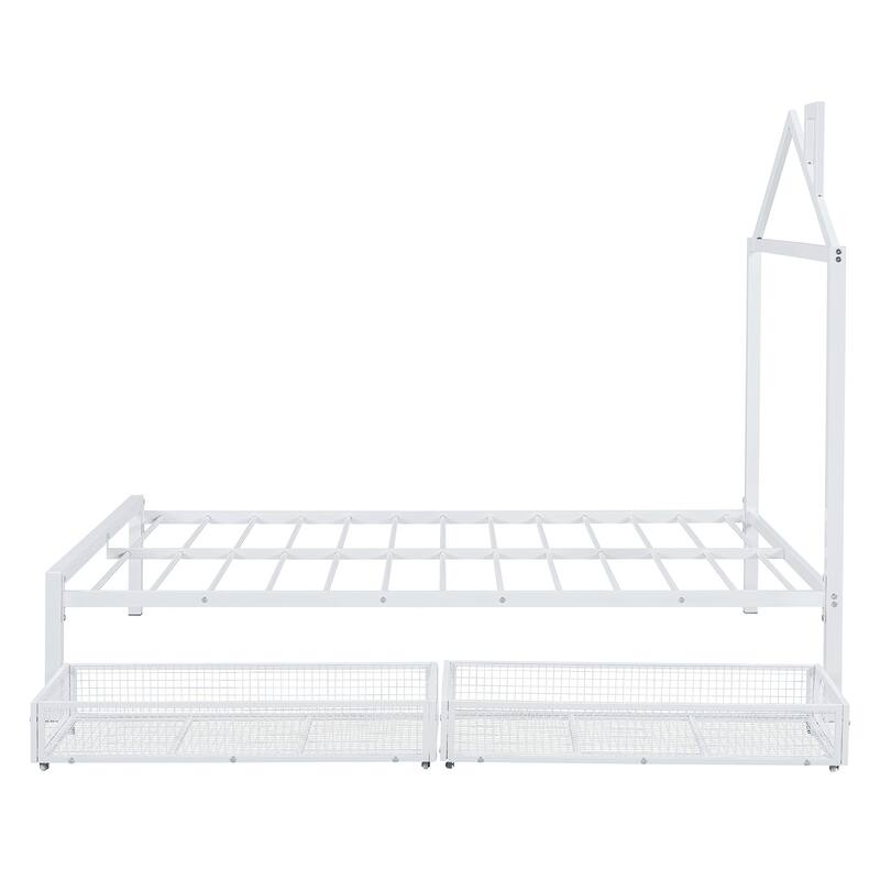 Full Size Metal Platform Bed with Two Drawers and House-Shaped Headboard