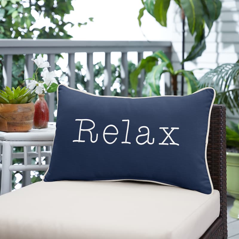 Sunbrella Canvas EMbroidered "Relax" Indoor/Outdoor 13x20 Corded Lumbar Pillow (Single) - Canvas Navy
