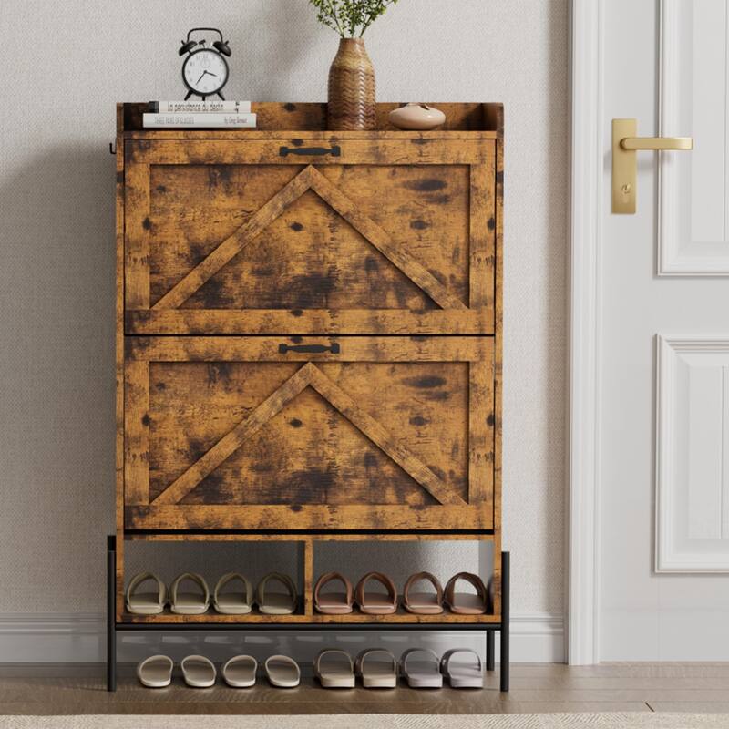 Shoe Cabinet with 2 Flip-Up Drawers, Hidden Shoe Storage Cabinet with Open Storage for Entryway, Hallway, Bedroom