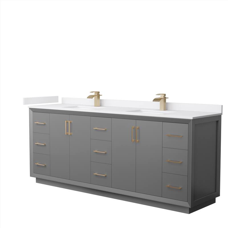 Strada 84-Inch Double Vanity Set, Cultured Marble Top - Dark Gray, Bronze Trim, White Cultured Marble Top