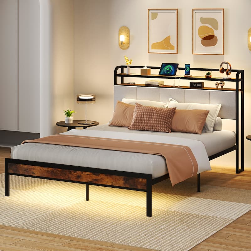 Gymax Queen Size Bed Frame w/ LED Light & Charging Station Heavy Duty