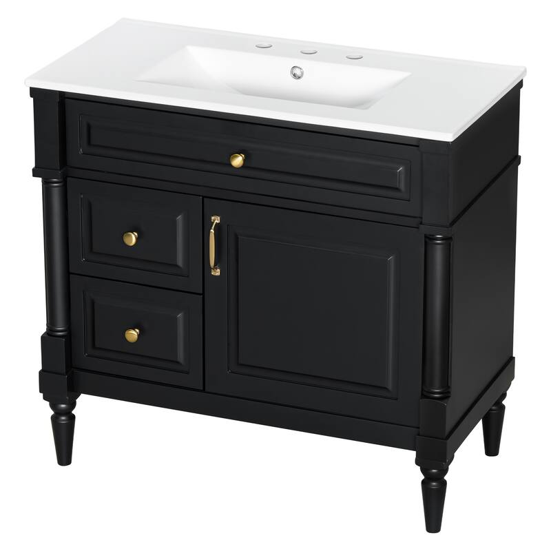 Roomfitters 36" Bathroom Vanity with Sink, Solid Wood Frame, Flip Drawer, 2 Drawers & Door Rack