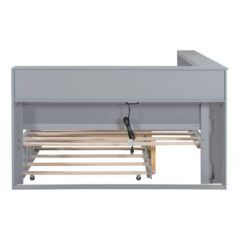 Wooden Daybed Frame with Trundle, Storage Shelf & USB Ports