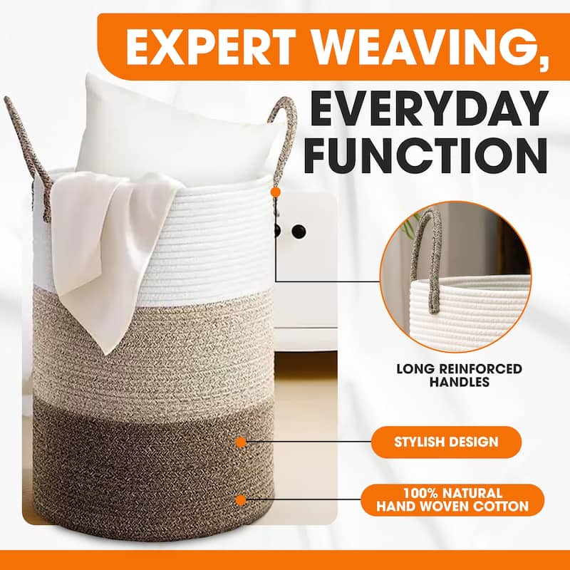 Cheer Collection Large Woven Cotton Laundry Hamper with Handles Stylish Storage Basket for Clothes Toys and Blankets