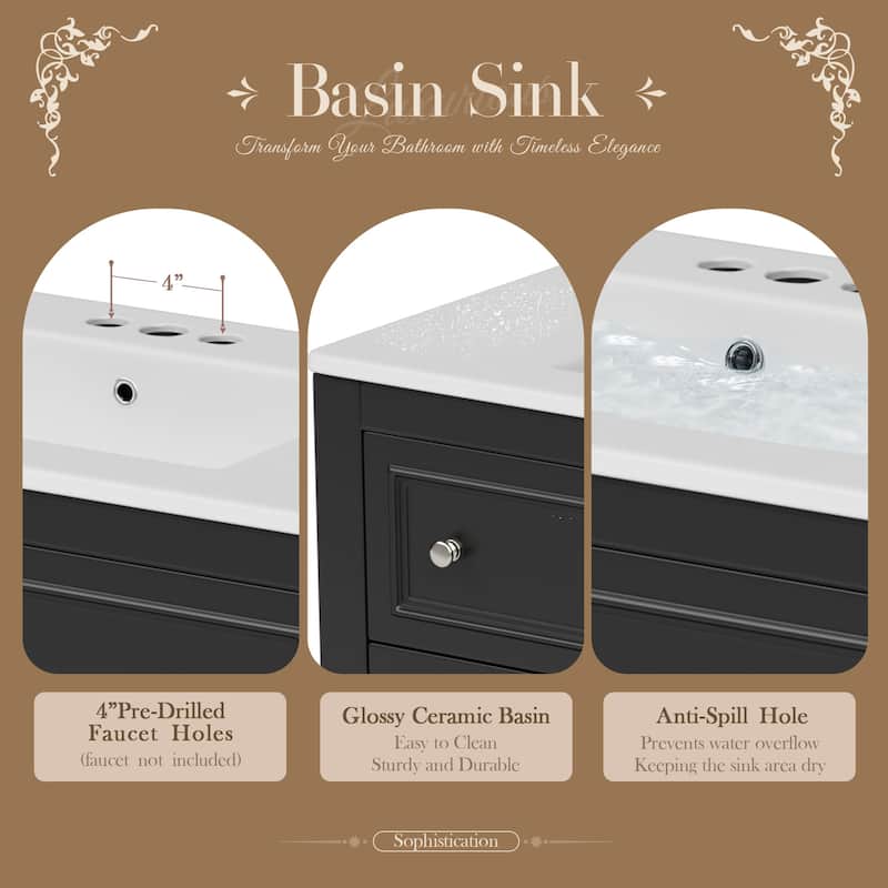 Free Standing Bathroom Vanity Cabinet with Sink, 4 Drawers, Solid Wood Frame, Silver Metal Knobs and Large Open Storage Shelf