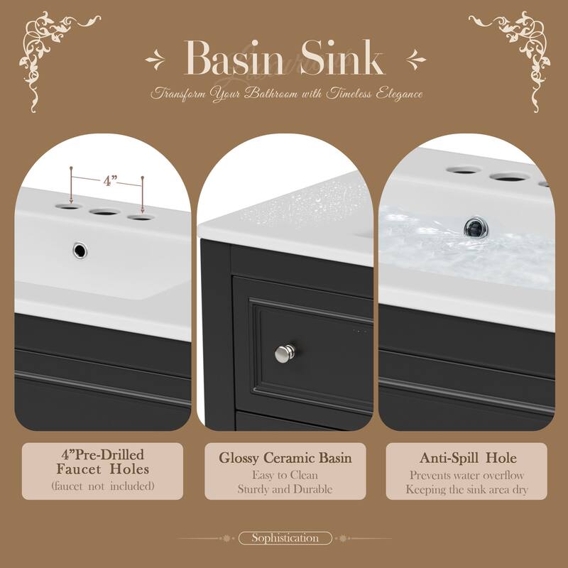 GDFStudio - Wesbridge Modern Bathroom Vanity Set with Ceramic Sink and 4 Storage Drawers - 36'W